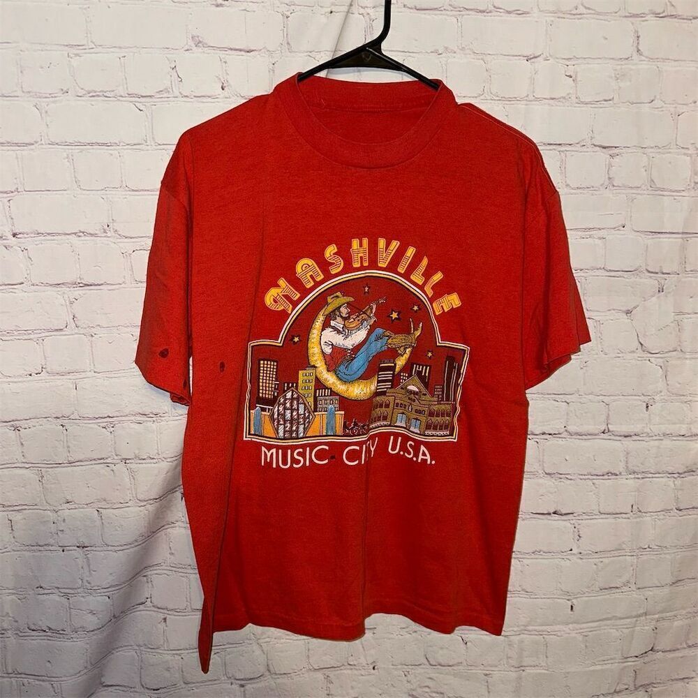 Vintage Nashville Music City USA Red Graphic T-Shirt Unisex M 80s/90s Retro